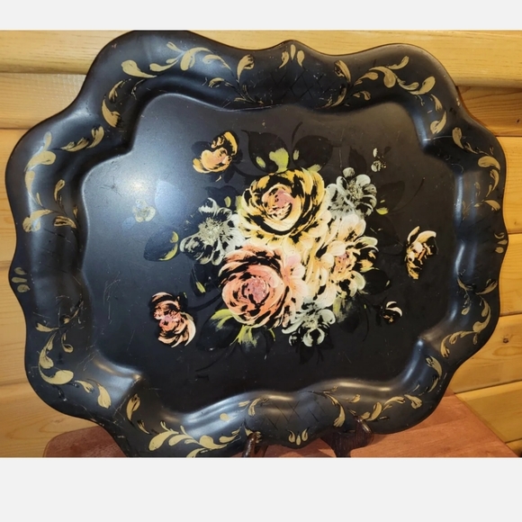 Vintage 1950 Metal Serving Tray Toleware Hand Painted Pink Roses Shabby Chic - Picture 2 of 12